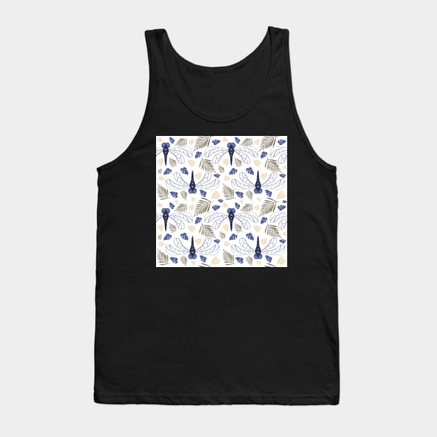 Blue Dragonfly and Leaf Pattern on White Tank Top by OneLook